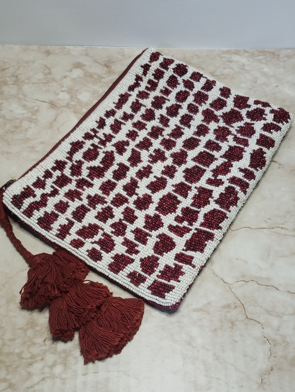 Beaded Leopard Print Clutch - White & Burgundy